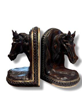 Vintage Horse Head Bookends Ornate Braided Brown Gold Accent Pair Equestrian